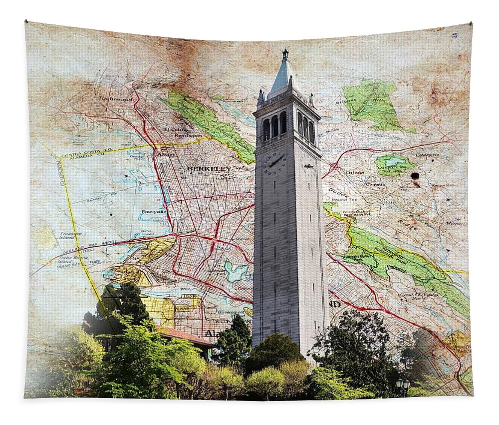 Berkeley Tapestry featuring the digital art Map of Berkeley, California, on old paper with the Sather Tower by Nicko Prints