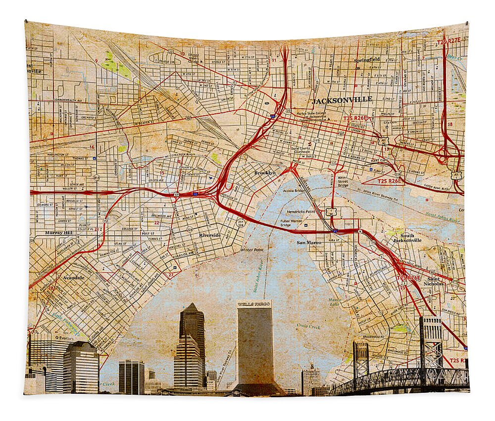 Map Tapestry featuring the digital art Map of Downtown Jacksonville, Florida, and skyline blended on old paper by Nicko Prints