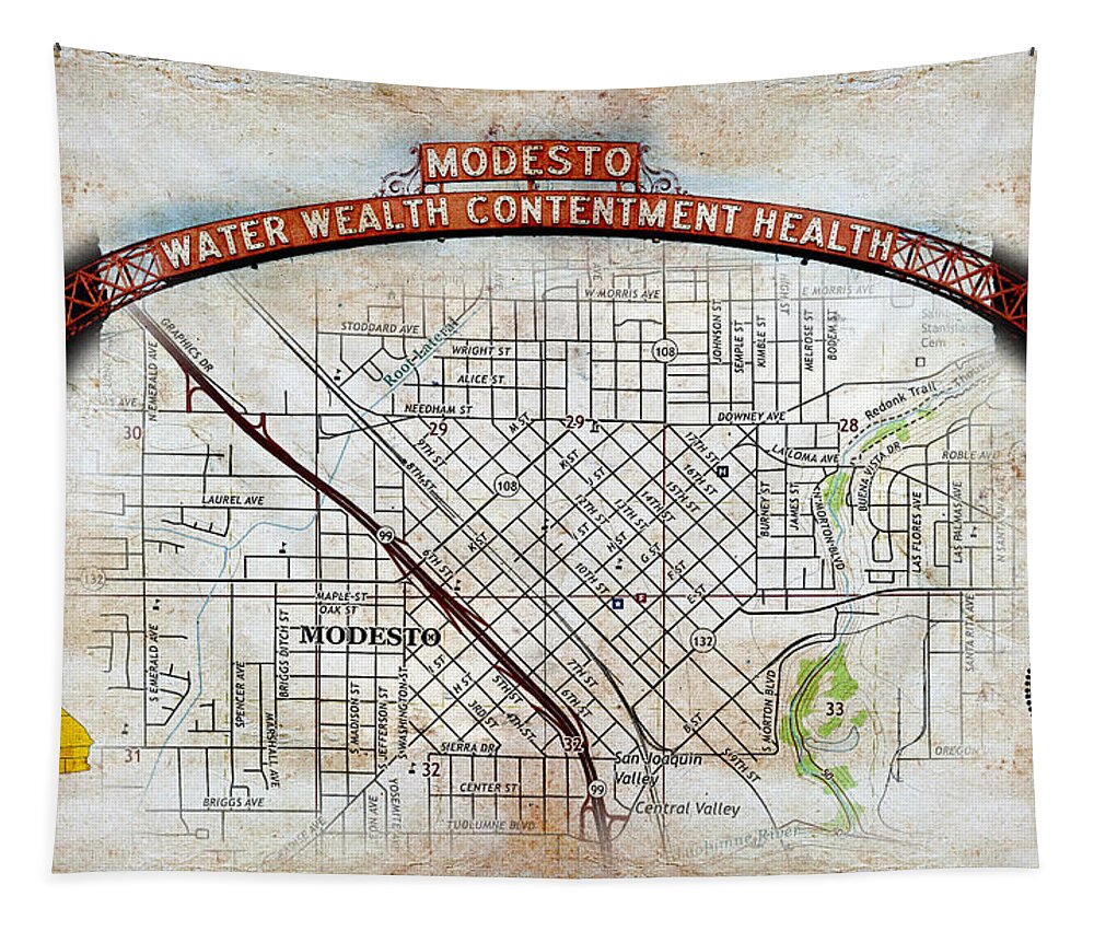Map Tapestry featuring the digital art Map of downtown Modesto, California, and the Modesto Arch, on old paper by Nicko Prints