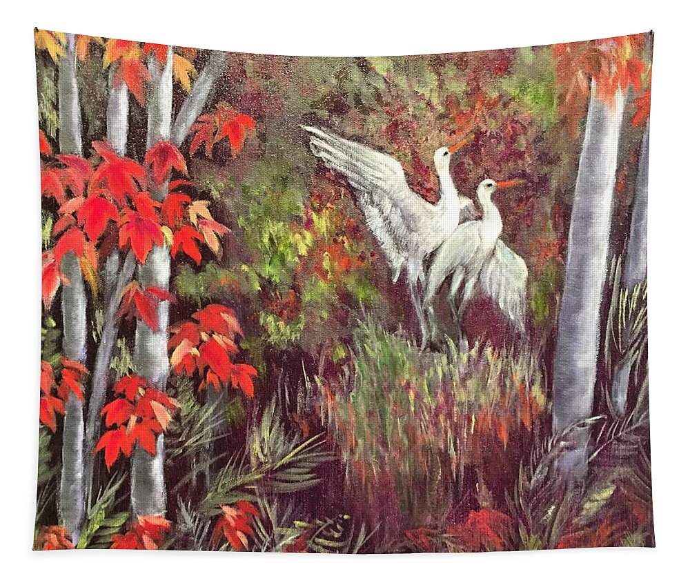 Cranes Tapestry featuring the painting Maple Wonderland by Vina Yang