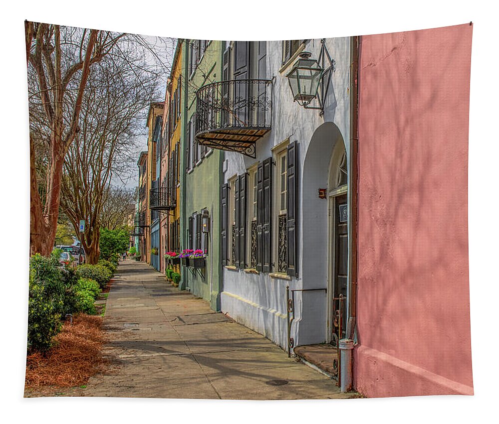 Charleston Tapestry featuring the photograph March Day on Rainbow Row by Douglas Wielfaert
