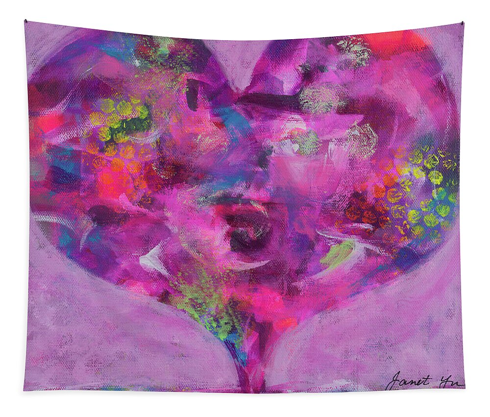 Abstract Tapestry featuring the painting Margenta Heart by Janet Yu