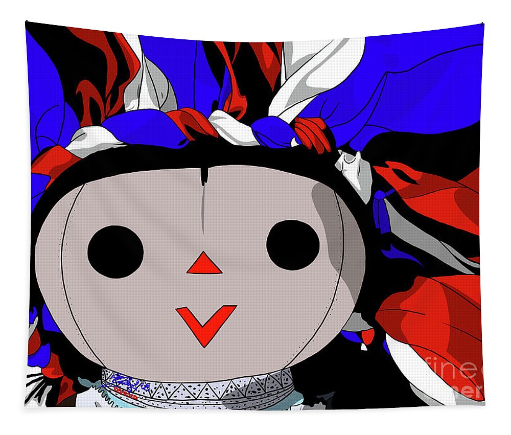Mazahua Tapestry featuring the digital art Maria Doll blue white red by Marisol VB