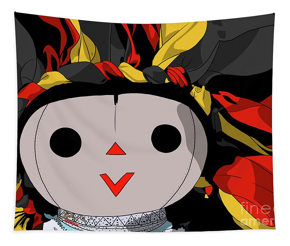 Mazahua Tapestry featuring the digital art Maria Doll red yellow black by Marisol VB