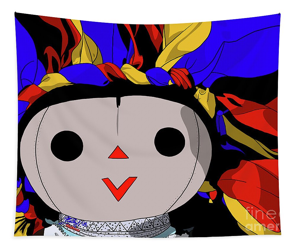 Mazahua Tapestry featuring the digital art Maria Doll yellow blue red by Marisol VB