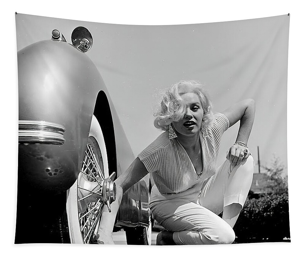 Marilyn Monroe Tapestry featuring the photograph Marilyn Monroe with 1952 Jaguar XK120 by Retrographs