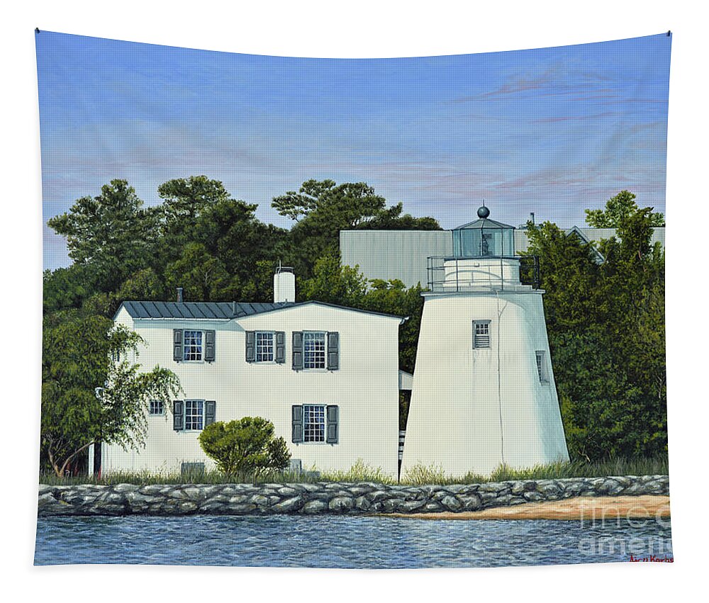 Piney Point Lighthouse Tapestry featuring the painting Mariners View of the Lighthouse by Aicy Karbstein