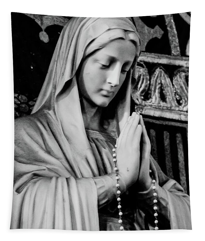 Mary Statue Church Rosary B&w Tapestry featuring the photograph Mary by John Linnemeyer