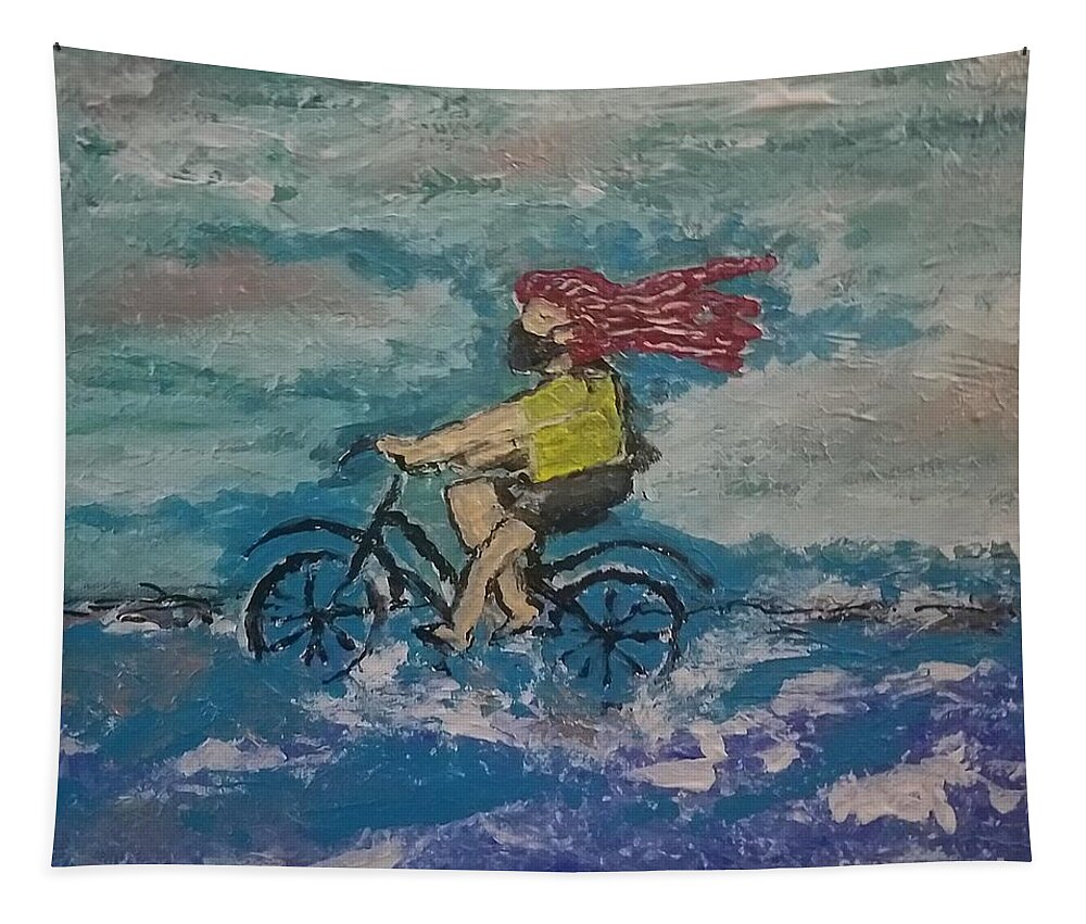  Tapestry featuring the painting The Masked Woman on Bike in Ocean by Mark SanSouci