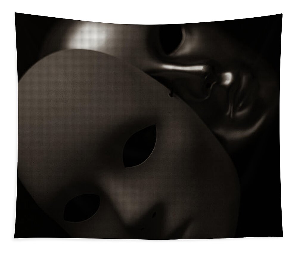 Mask Tapestry featuring the photograph Masks on Black by Amelia Pearn