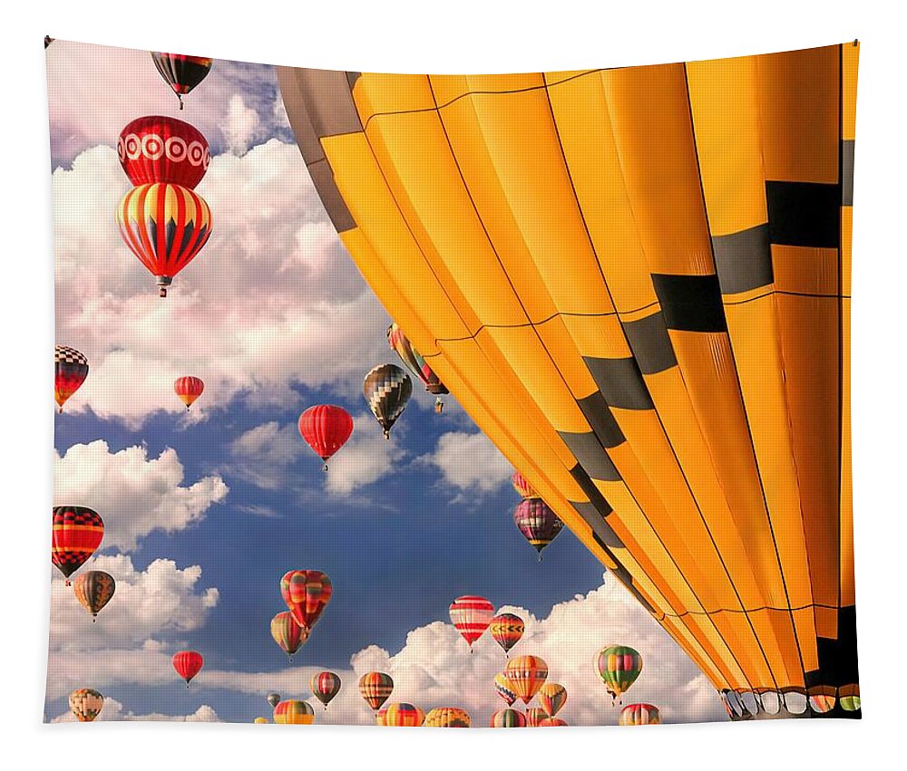 Albuquerque Balloon Fiesta Tapestry featuring the mixed media Mass Ascension by Rebecca Herranen