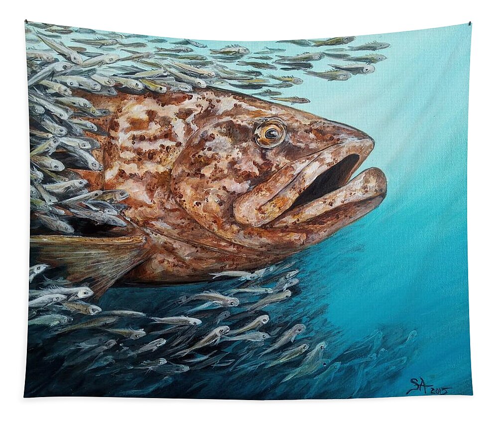 Goliath Grouper Fish Art Tapestry featuring the painting Massive Goliath Grouper Painting Sonya Allen by Sonya Allen