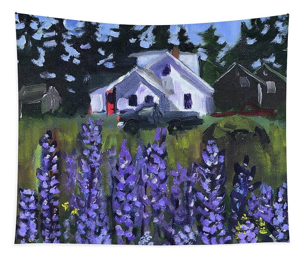 Maine Tapestry featuring the painting Matinicus House with Lupine by Cyndie Katz