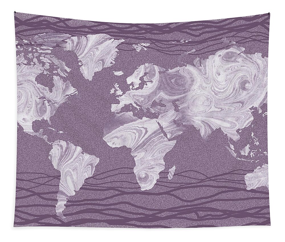 World Map Tapestry featuring the painting Mauve Marble Watercolor World Map Silhouette by Irina Sztukowski