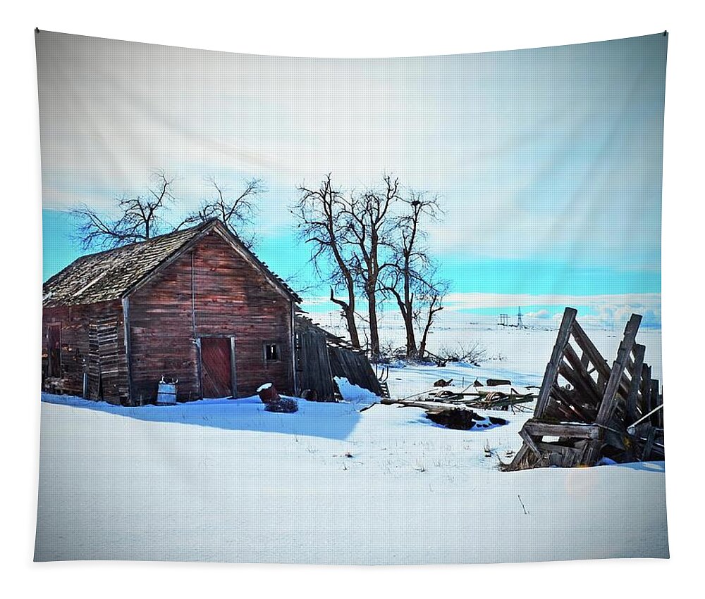  Tapestry featuring the digital art May Homestead, The Small Barn In Winter. by Fred Loring