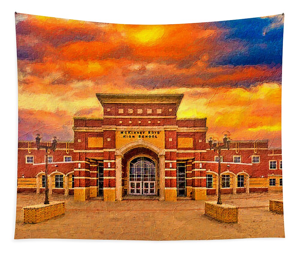 Mckinney Boyd High School Tapestry featuring the digital art McKinney Boyd High School at sunset - digital painting by Nicko Prints