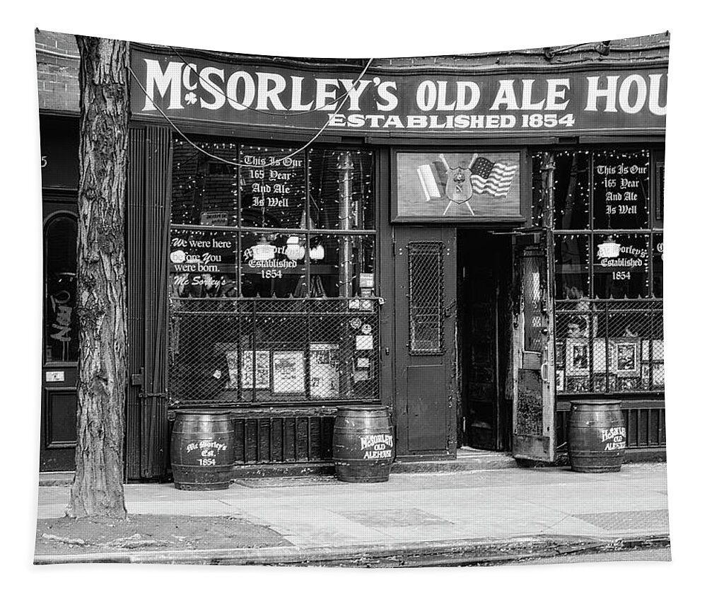 Mcsorley's Old Ale House Tapestry featuring the photograph McSorley's Established 1854 NYC BW by Susan Candelario