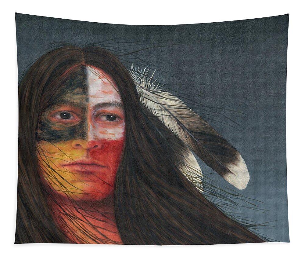 Native American; American Indian; Eagle Feathers; Medicine Wheel; Long Flowing Hair Tapestry featuring the painting Medicine Man by Valerie Evans