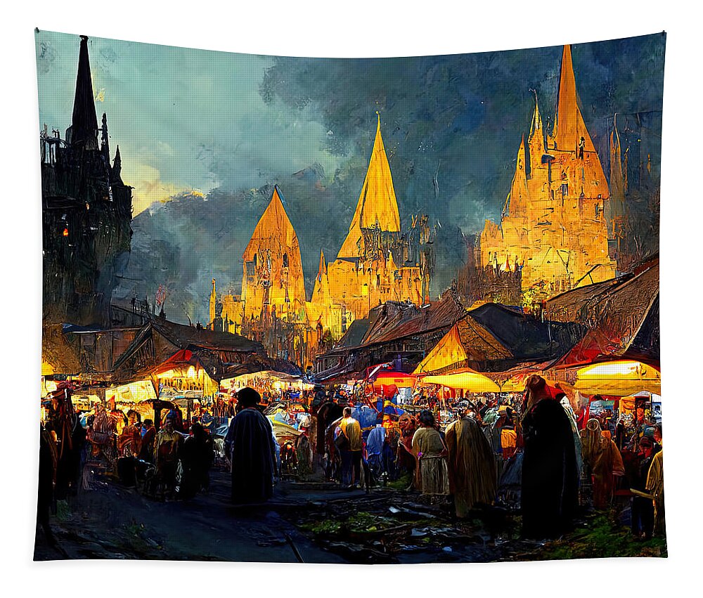 Medieval Tapestry featuring the painting Medieval Fantasy Town, 07 by AM FineArtPrints