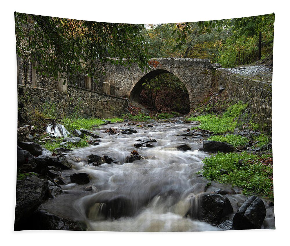 River Tapestry featuring the photograph Medieval stoned bridge water flowing in the river. by Michalakis Ppalis