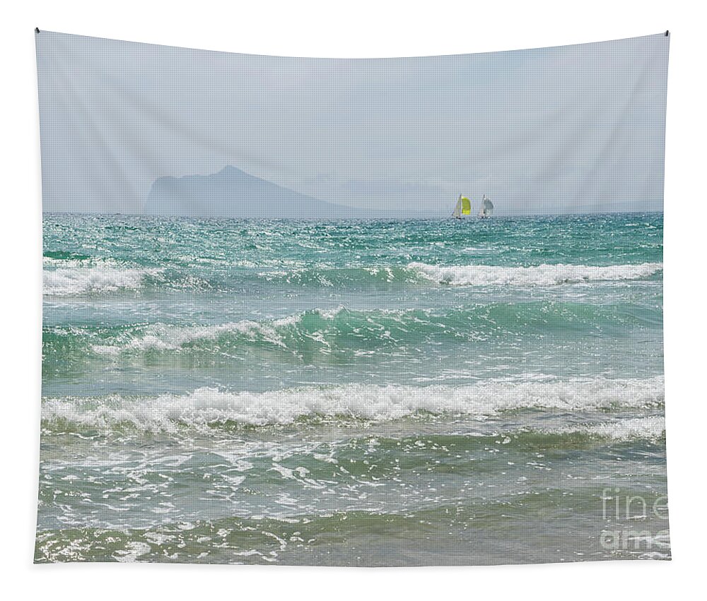 Mediterranean Sea Tapestry featuring the photograph Mediterranean Sea with waves and sailboats by Adriana Mueller