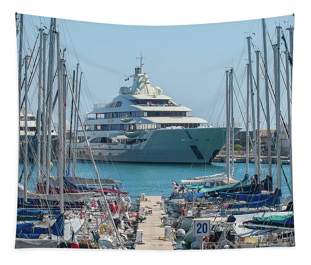 Alpes Mari Tapestry featuring the photograph Mega yacht in Antibes by Jean-Luc Farges