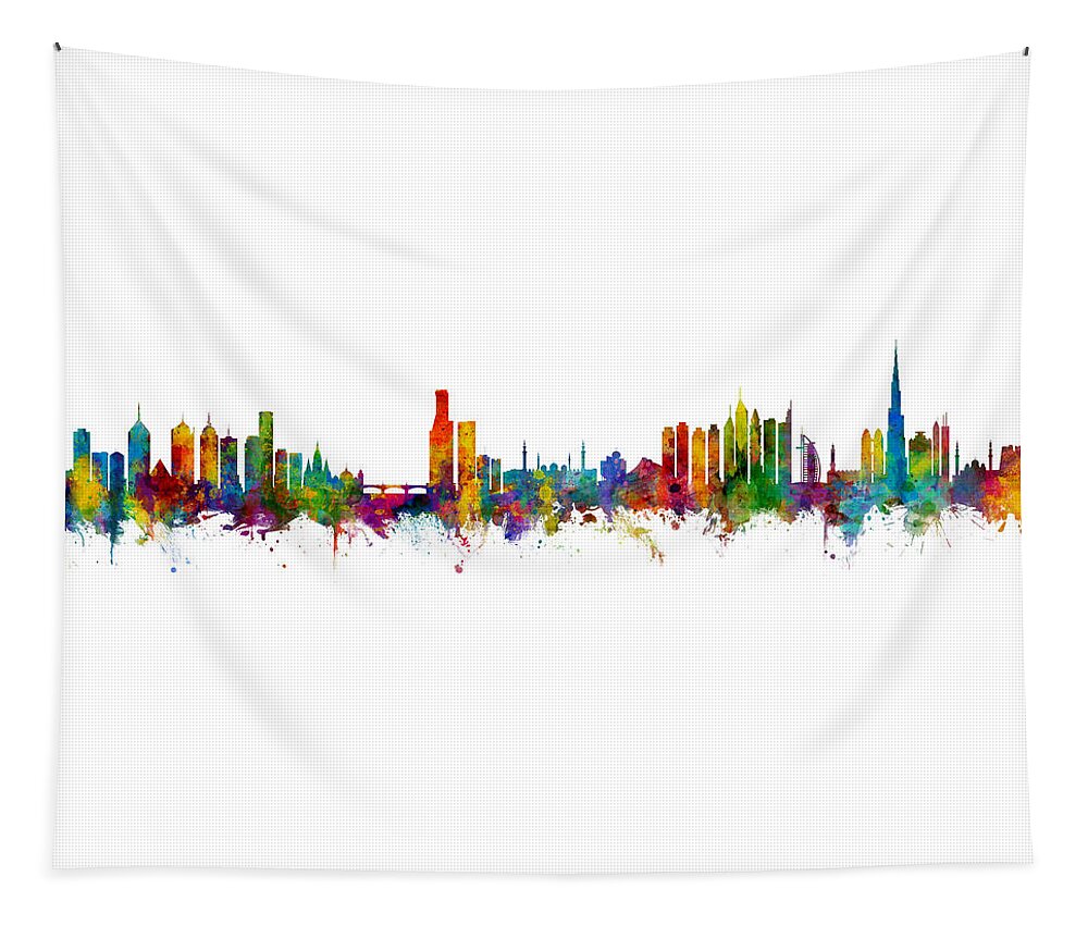 Dubai Tapestry featuring the digital art Melbourne and Dubai Skylines Mashup by Michael Tompsett