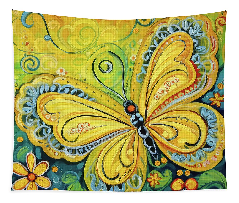 Yellow Butterfly Tapestry featuring the painting Mellow Yellow Butterfly by Tina LeCour
