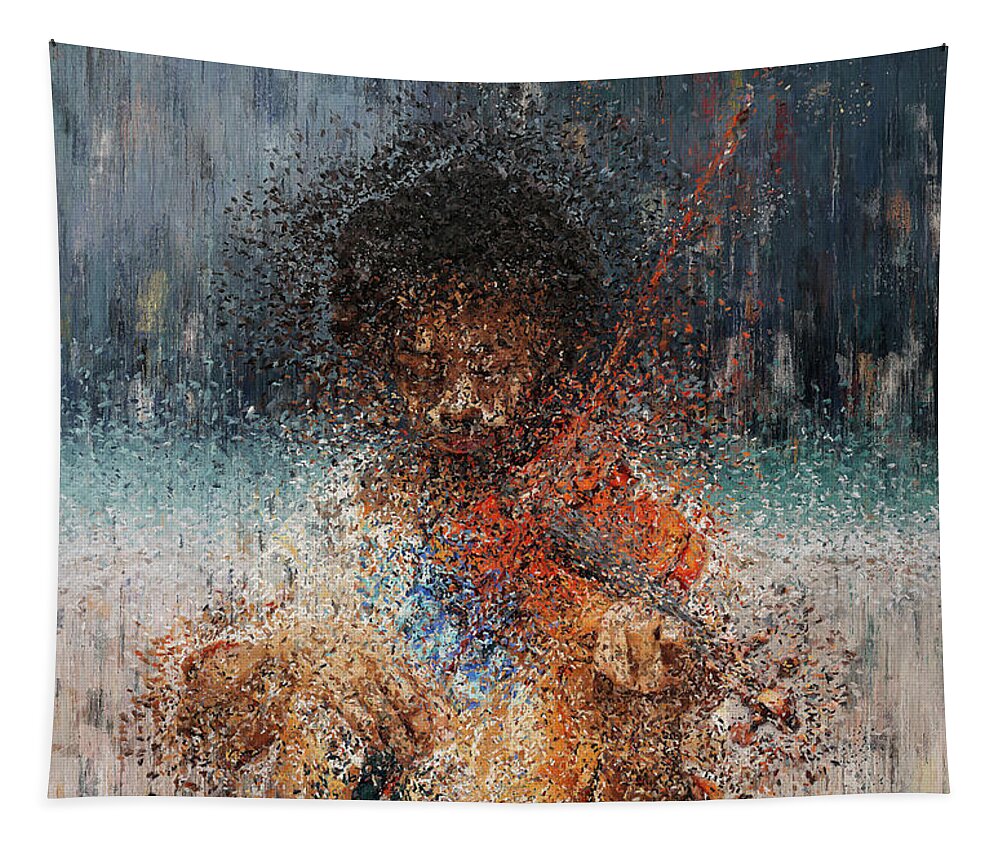 Violinist Tapestry featuring the painting Melody of the Storm by Alex Mir