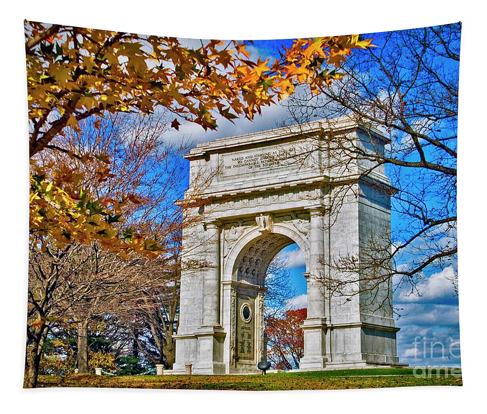 Memorial Arch Valley Forge Pa Tapestry featuring the photograph Memorial Arch Valley Forge PA by David Zanzinger