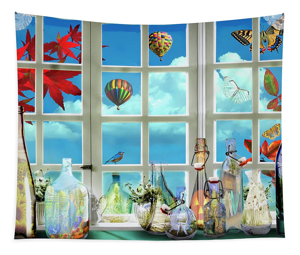 Bird Tapestry featuring the digital art Memory Jars in the Blue Sky Window by Debra and Dave Vanderlaan