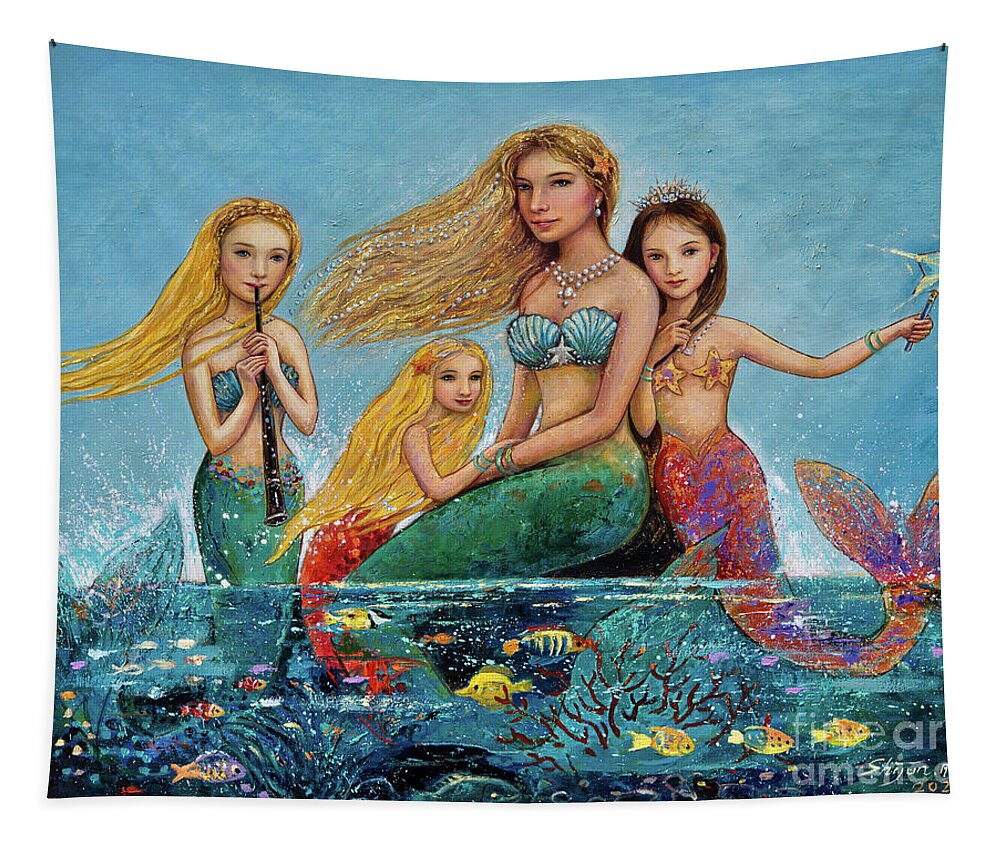 Mermaid Tapestry featuring the painting Mermaid Family by Shijun Munns