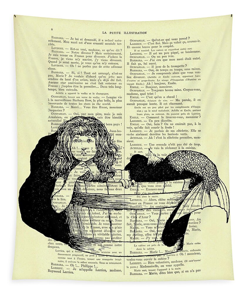 Mermaid Tapestry featuring the mixed media Mermaid in Bathtub by Madame Memento
