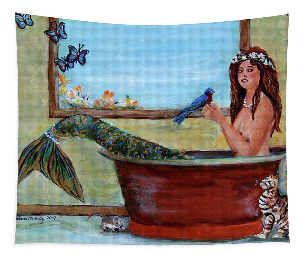 Mermaid Tapestry featuring the painting Mermaid in Bathtub Spring Mermaid Painting by Linda Queally by Linda Queally