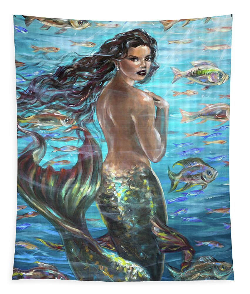 Mermaids Tapestry featuring the painting Mermaid Turning Away by Linda Olsen