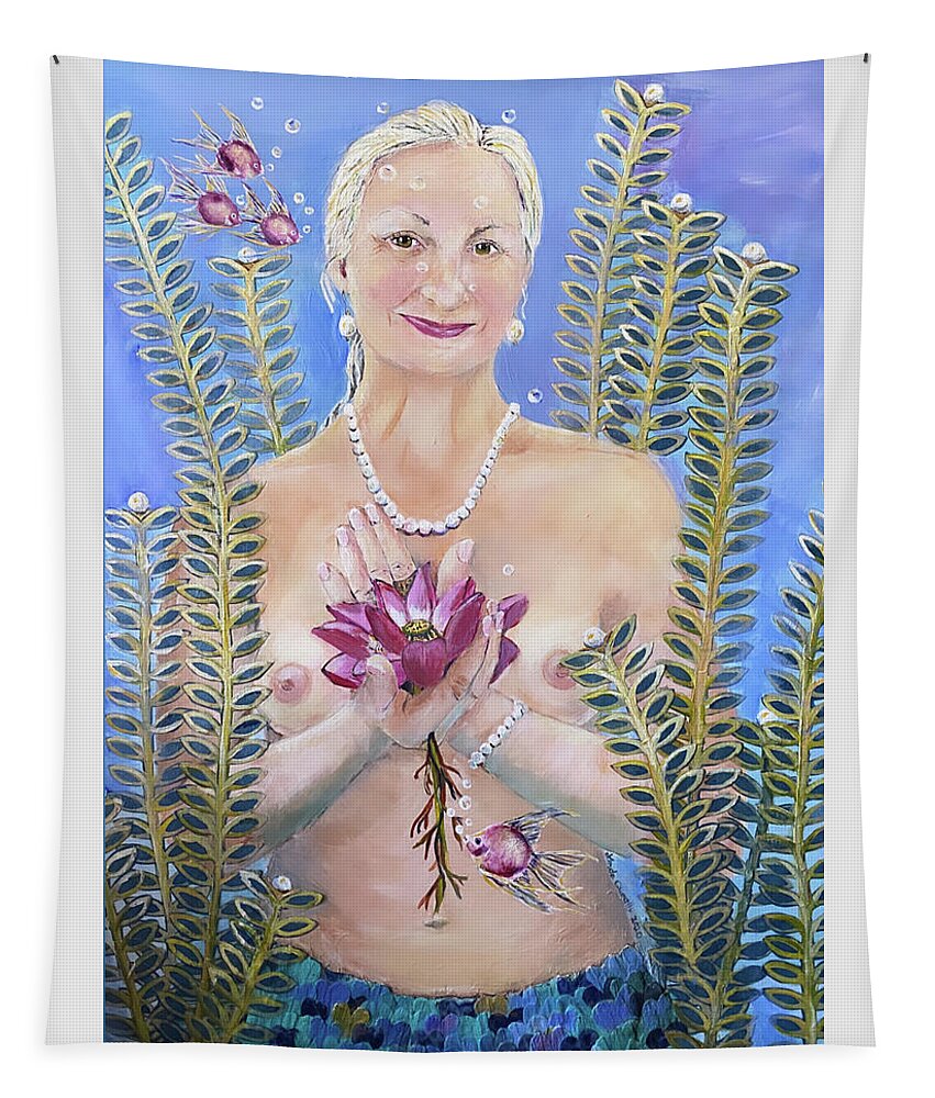 Mermaid Tapestry featuring the painting Mermaid with Pink Lotus by Linda Queally by Linda Queally