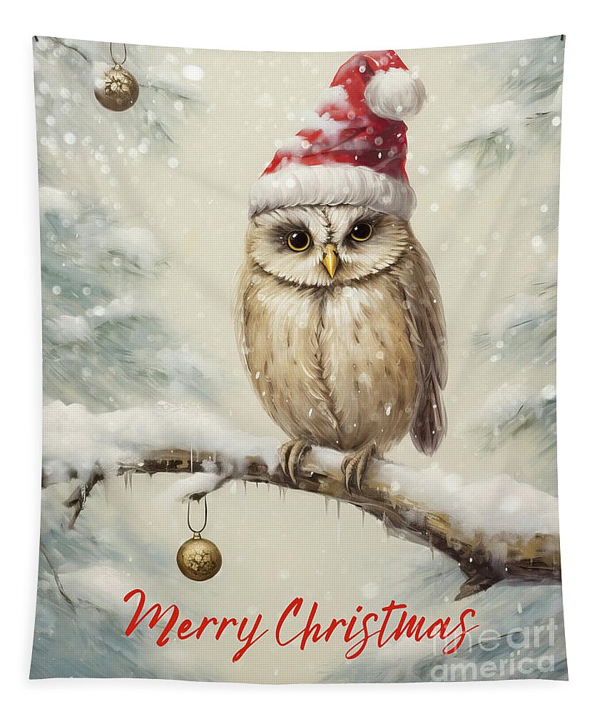 Owl Tapestry featuring the painting Merry Christmas Owl by Tina LeCour