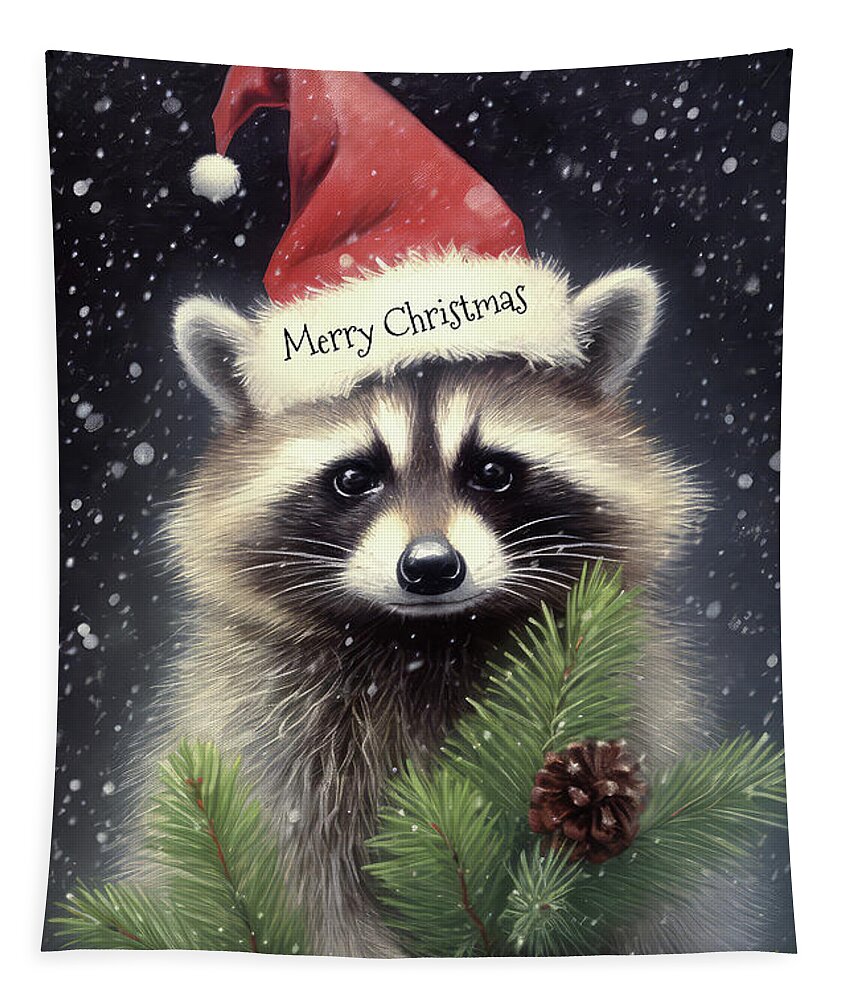 #faaadwordsbest Tapestry featuring the painting Merry Christmas Raccoon by Tina LeCour