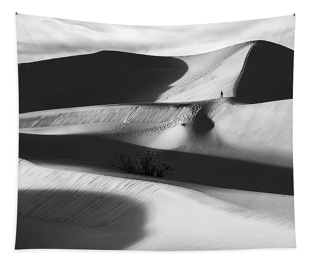 American Landscape Tapestry featuring the photograph Lone Hiker on Dunes bw by Jonathan Nguyen