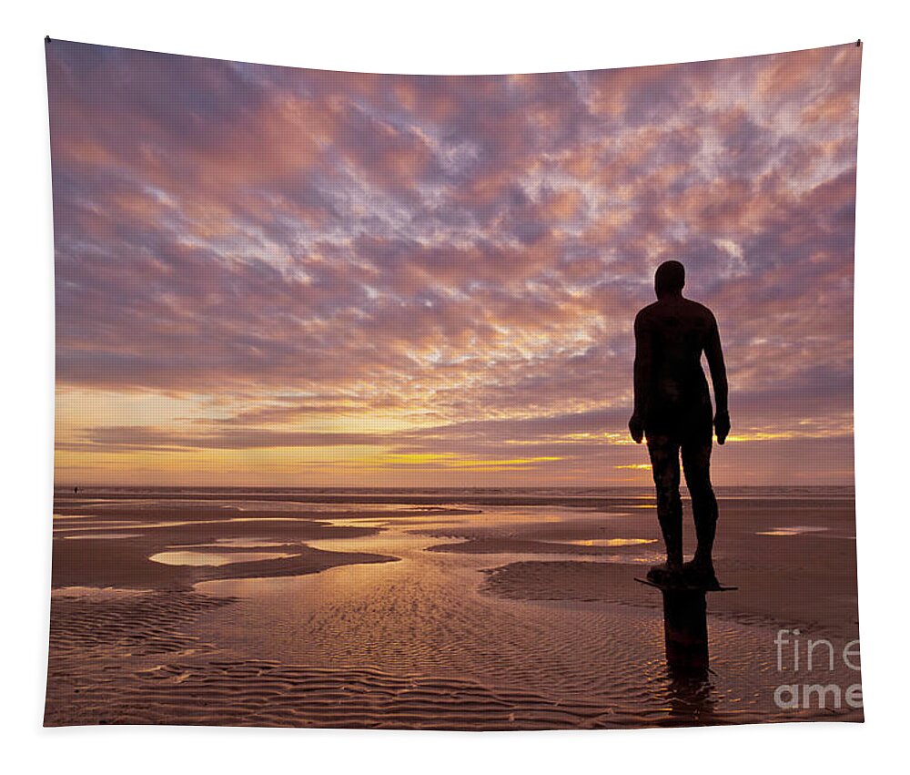 Another Place Tapestry featuring the photograph Metal statues on Crosby beach, Merseyside, England by Neale And Judith Clark