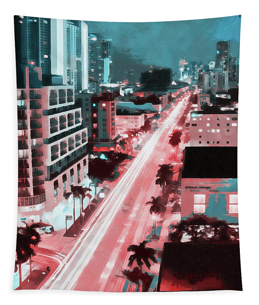 Miami Tapestry featuring the painting Miami Cityscape - 07 by AM FineArtPrints