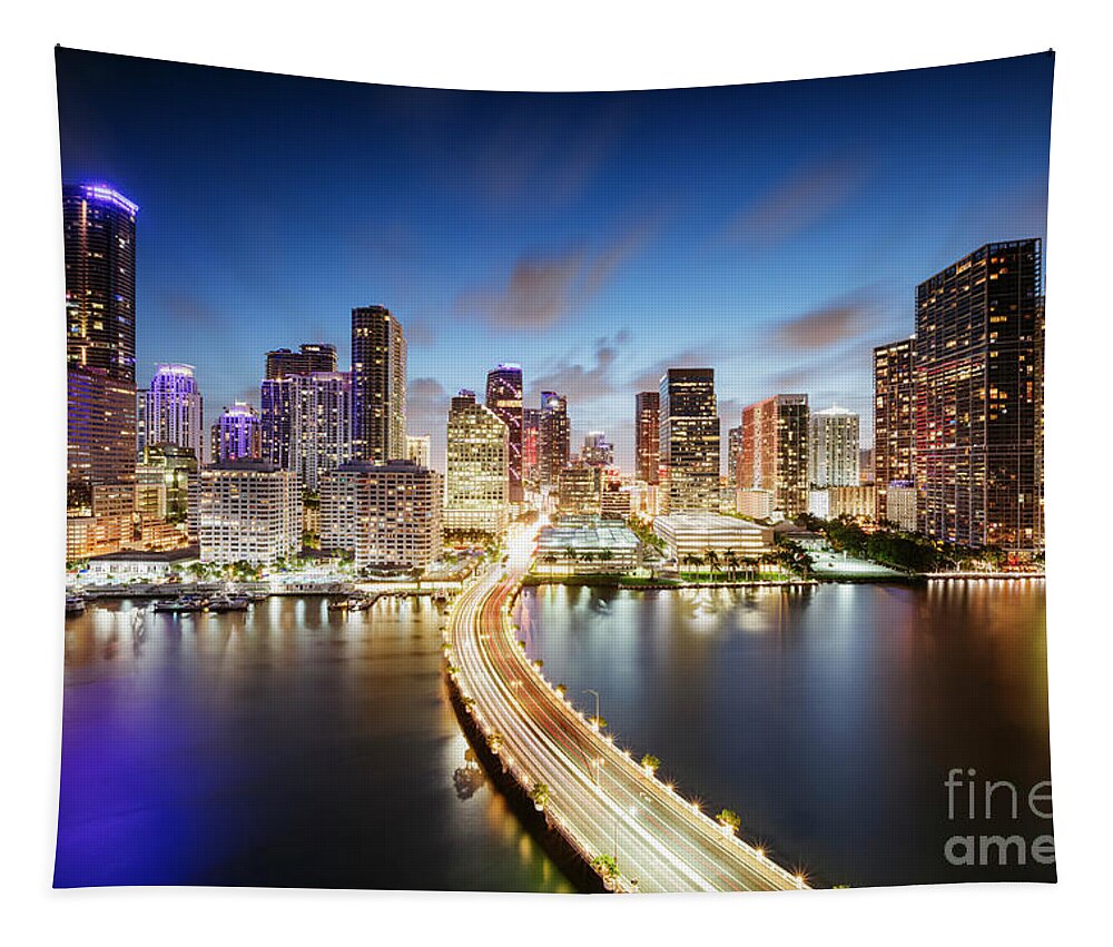 Miami Tapestry featuring the photograph Miami skyline at night by Matteo Colombo