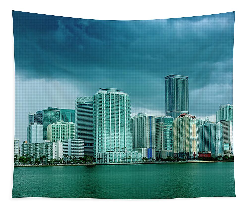 Biscayne Bay Tapestry featuring the digital art Miami Skyline from Biscayne Bay by SnapHappy Photos
