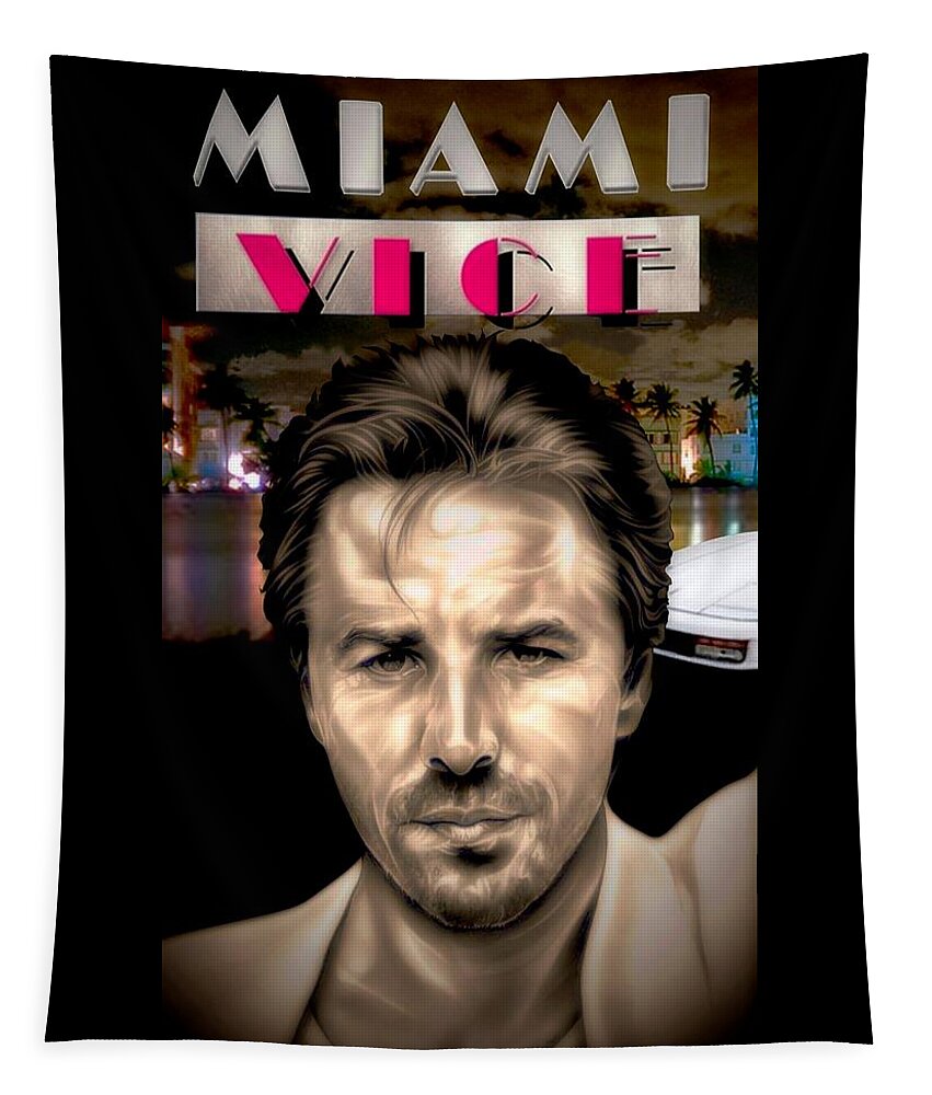 Miami Vice Tapestry featuring the drawing Miami Vice - Sonny Crockett - Poster Edition by Fred Larucci