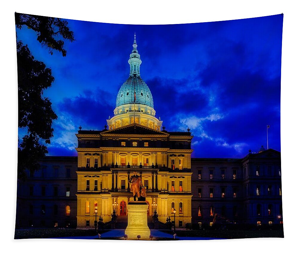 Michigan State Capitol Tapestry featuring the photograph Michigan State Capitol Building at Dusk by Mountain Dreams