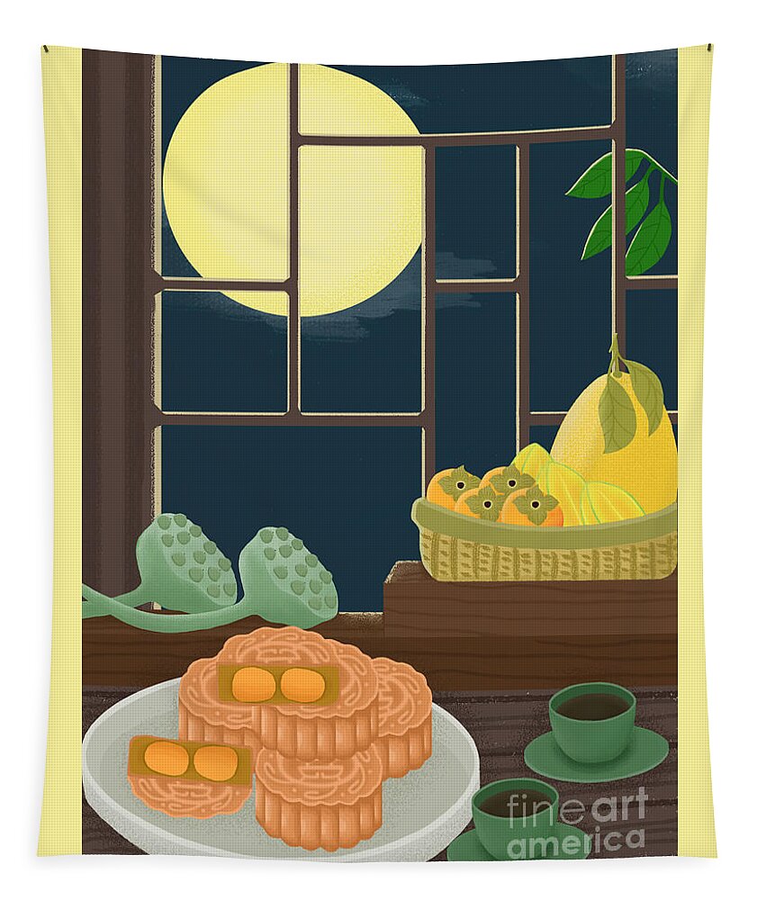 Moon Cakes Tapestry featuring the drawing Mid-Autumn Festival Moon Cake Illustration by Min Fen Zhu