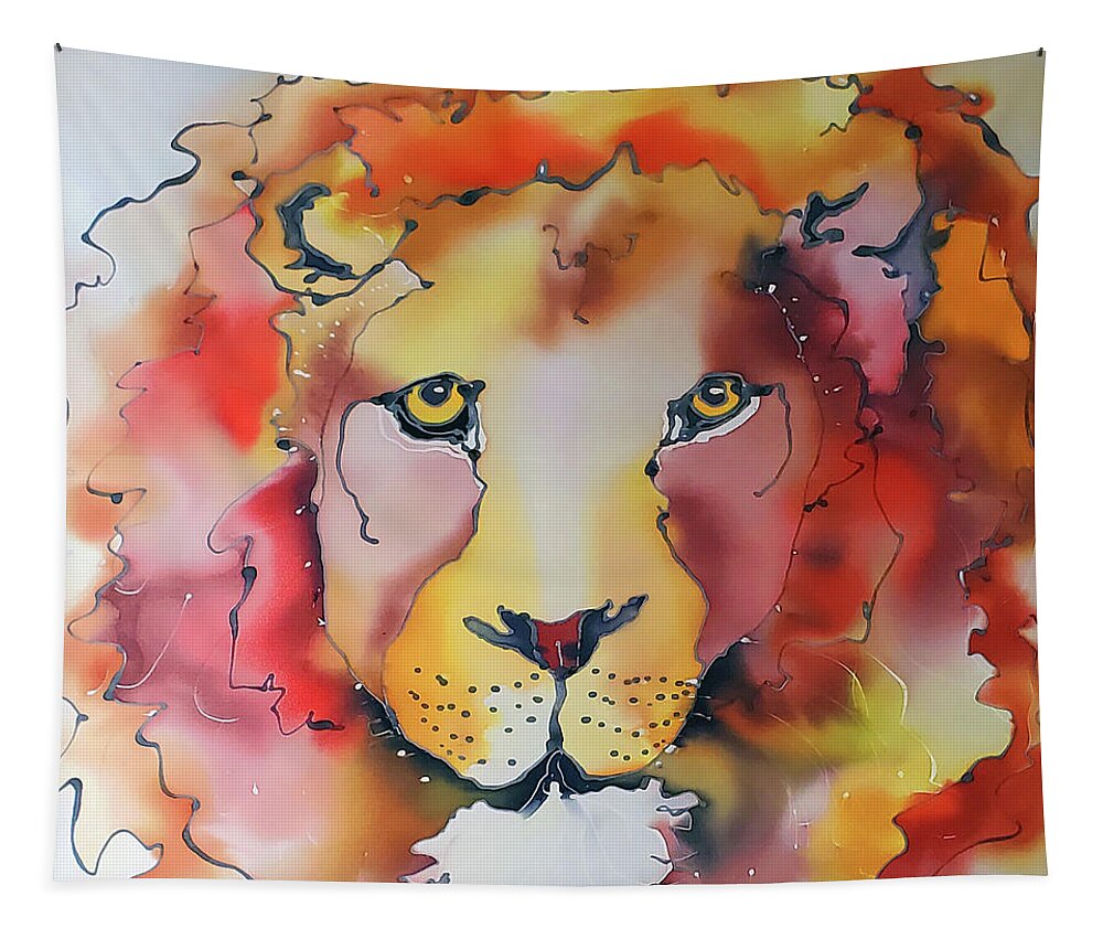 A Mighty Lion King In All His Glory With Sensitive Golden Eyes And A Vibrant Wild Mane In Yellow Tapestry featuring the tapestry - textile Mighty Lion by Karla Kay Benjamin