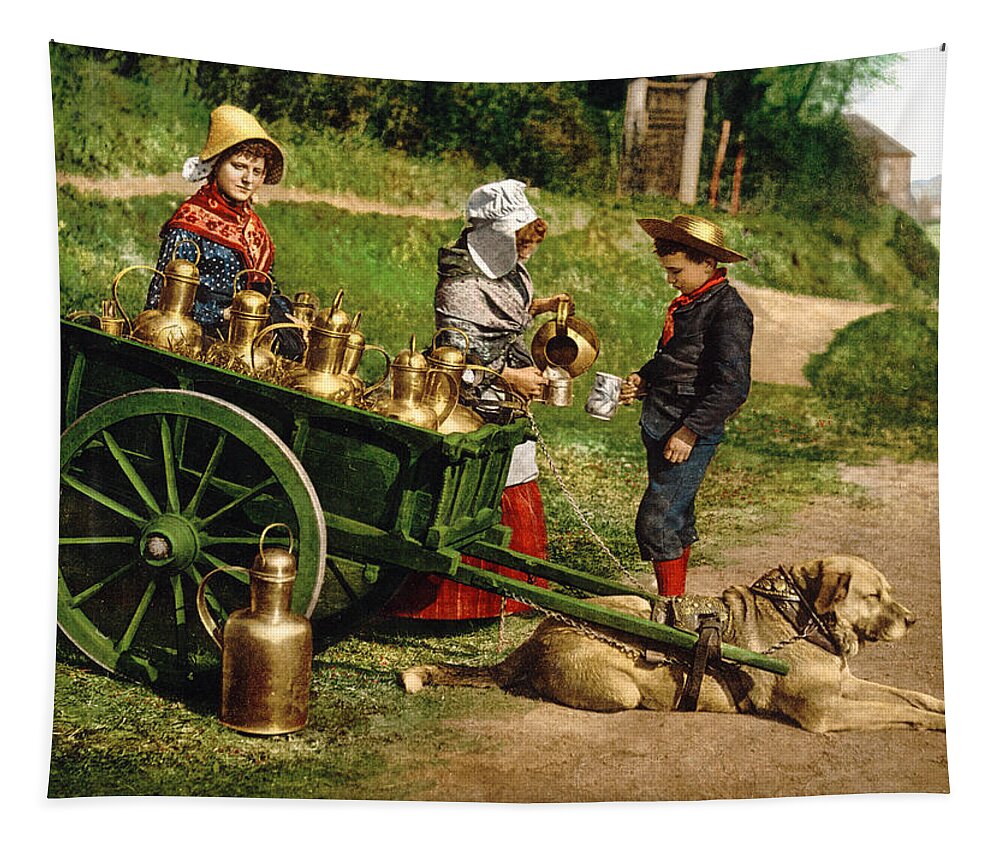 Milk Seller Tapestry featuring the photograph Milk Sellers - Brussels Belgium - Circa 1890 Photochrom by War Is Hell Store