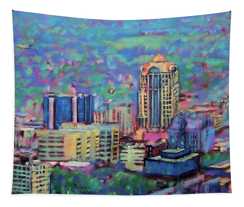 Roanoke Virginia Tapestry featuring the painting Mill Mountain View by Bonnie Mason