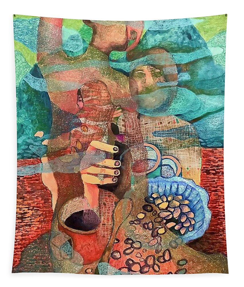 Portrait Surreal Mystical Mindscape Landscape Pods People Mountains Drawing Painting Original Art Mixed Media Art Ollector Tapestry featuring the mixed media Minds in the Margin by James Huntley